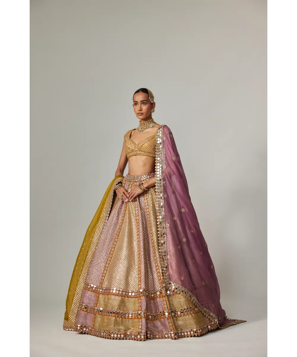 VVANI VATS - Mustard multicolor Heavy Metallic Lehenga with Double Dupatta